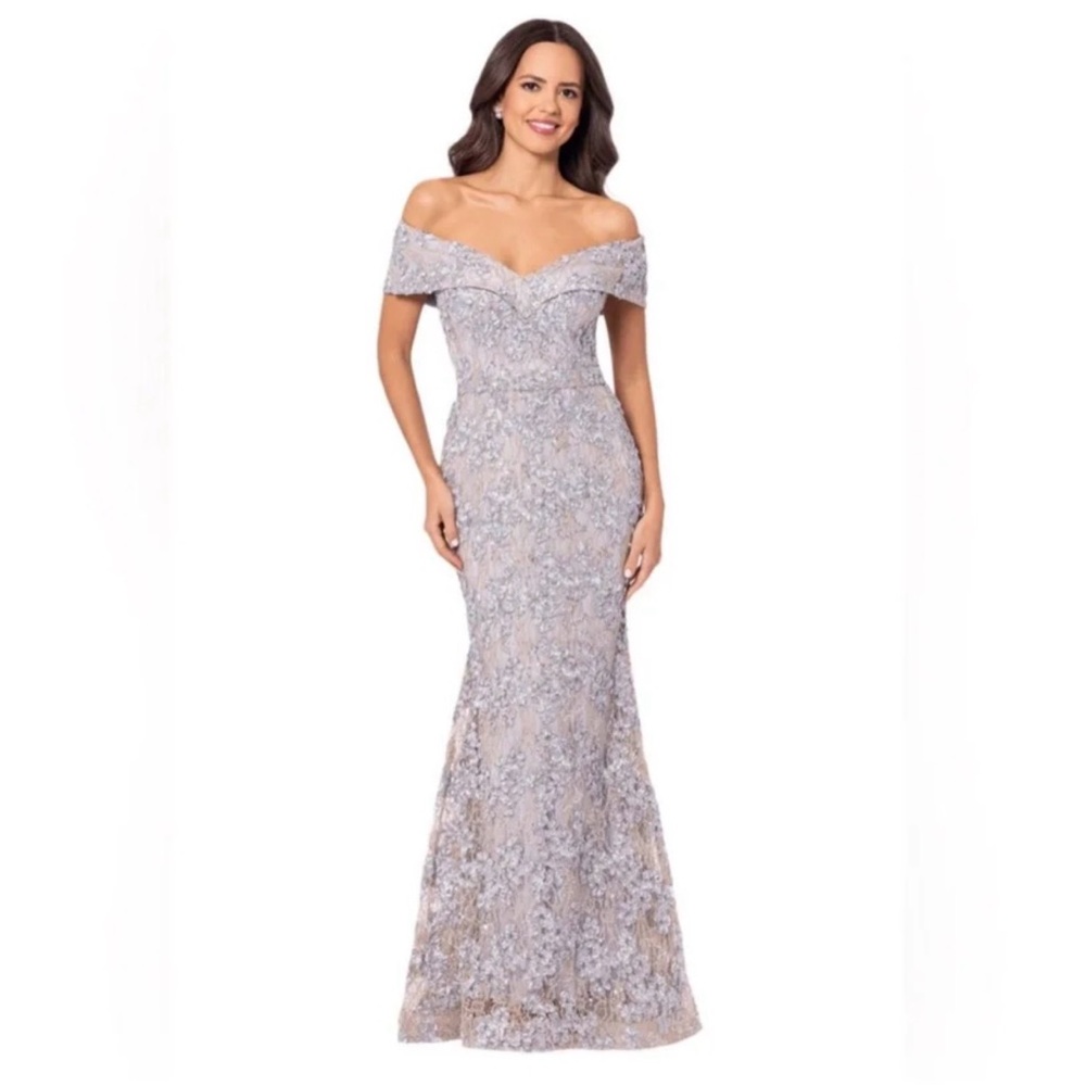 NWT Xscape Off-Shoulder Lace Maxi Dress in Silver and Cream